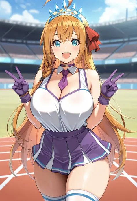 (best quality, masterpiece, ultra detailed, high resolution), Beautiful , score_9, anime style, Masterpiece, best quality, Pecorine, pcrpeco, ahoge, braid, large breasts, tiara, hair ribbon, red ribbon,orange hair, long hair,blue eyes, purple choker, deta...