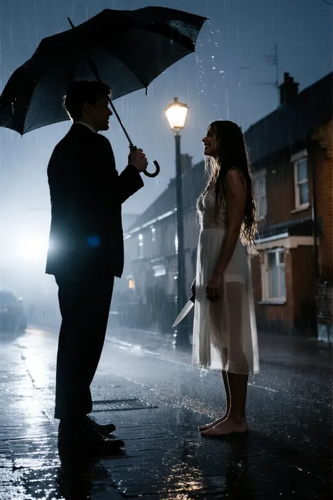 A residential area with heavy rain、two people facing each other in the light and shadows created by street lamp light。man in a black suit with a black umbrella leaning back、staring at a woman in a white dress with a fearful gaze。the wet woman stands on the ground barefoot、long wet hair covers her face、a crazy smile is visible from that time。the knife held in her hand、shines ominously in the light passing through raindrops