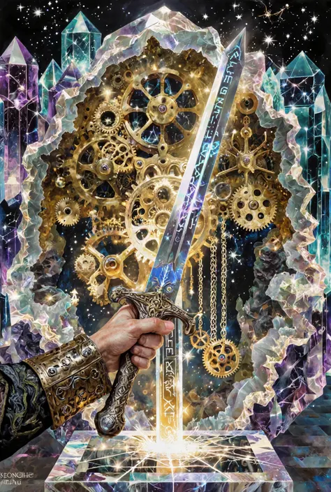 Epic fantasy digital painting, cinematic, ultra-detailed, dramatic lighting. The moment a hero's gauntleted hand draws the sacred sword from a crystal altar inside a giant geode temple. The sword's blade is made of moonlit steel and starlight, with hologra...