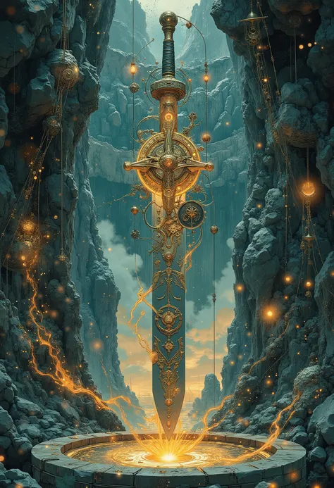 Epic fantasy digital painting, cinematic, ultra-detailed, dramatic lighting. The moment a hero's gauntleted hand draws the sacred sword from a crystal altar inside a giant geode temple. The sword's blade is made of moonlit steel and starlight, with hologra...