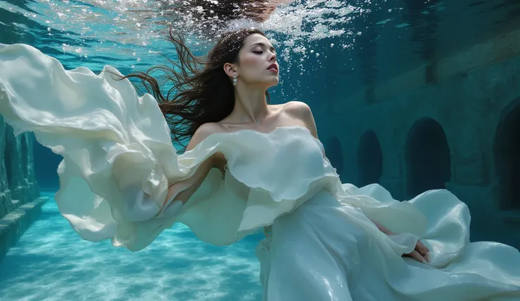 high-definition underwater city. a woman  — (50% russian, 50% nigerian) — fully submerged beneath the surface, swimming gracefully through the sunken city of Matera. ancient Sassi di Matera, with their tuff-stone walls, narrow alleyways, and arched doorway...