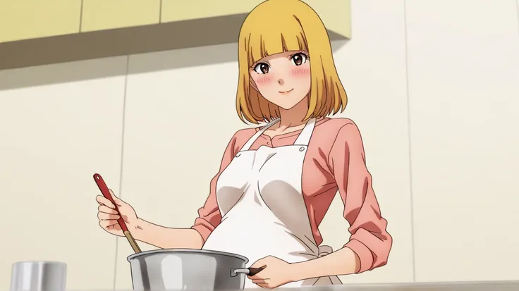 2D , anime , anime coloring,1girl,solo,Midorikawa Hana, short hair, bob cut, blonde hair, brown eyes, small breasts,cooking in the kitchen, wearing a form-fitting apron over casual clothes, stirring a pot, modern clean kitchen background,looking at viewer,blush kind smile,pregnant,((Perfect hands , Perfect Anatomy))