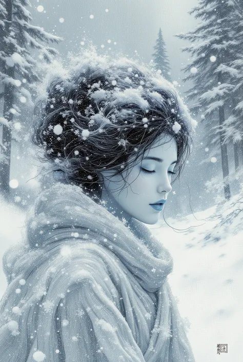 An exquisitely rendered Yuki-onna, the Snow Woman of Japanese folklore, emerges from a blizzard of swirling, crystalline flakes. The image is executed entirely in the meticulous cross-hatching technique of traditional engraving, emphasizing the depth of th...