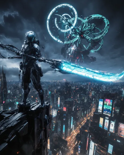Cyber-futurism, sky-fi, cinematic wide shot. On a skyscraper spire above a neon metropolis, a tech-operative draws a hard-light data-sword from its terminal. The blade is a shimmering, fractal edge of cobalt plasma. The act triggers a city-wide phenomenon:...