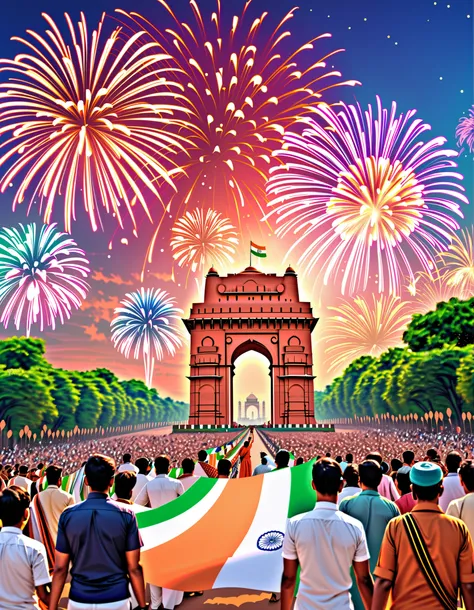 "A vibrant celebration of Indian Independence Day, majestic Indian flag waving in the wind, people in traditional Indian attire celebrating with joy, colorful decorations, fireworks in the sky, iconic landmarks like India Gate and Red Fort in the backgroun...