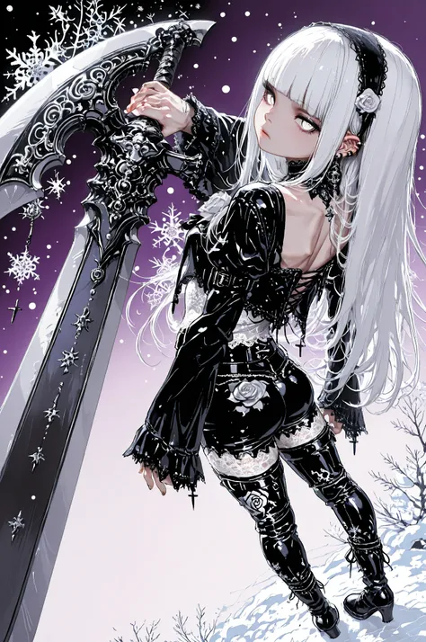  1 girl, standing, segment blade, Fair skin, cropped white lace gothic top, 右手に装飾された剣を持つ, piercings, Beautifully detailed white eyes,  Long Dark White Hair , princess cut,Looking Back at Viewers, thighs, leather mesh gothic white rose print pants with a decorated sword on the right hand, long glamorous boots, 40s (Absaldress, detail, Highest Quality, masterpiece, very aesthetic,:0.3) perspective, Dutch angle, from above, black to purple gradient background,　snowflakes, 
