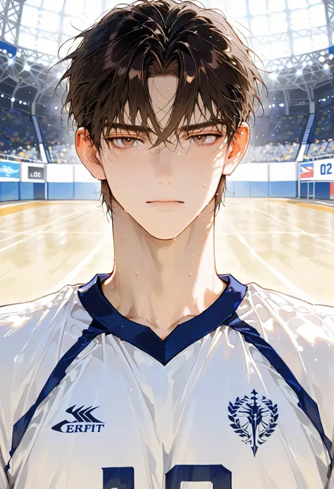 8k, beautiful masterpiece, 1 male, 28 year old male, handsome, manly, mature, Height 190cm, tall, middle blocker, team captain, athletic build, broad shoulders, strong physique, dark brown hair, brown eyes, short neat hairstyle, warm expression, light skin...