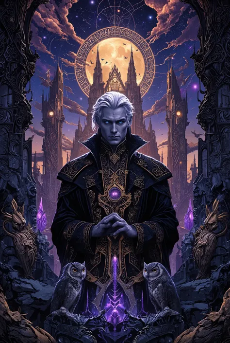 A transcendent portrait of an illuminated Dark Lord rendered in baroque gothic splendor, his perfectly trimmed silver hair swept back in aristocratic waves from noble temples, the short precise cut emphasizing his sharp cheekbones and strong jaw, creating ...