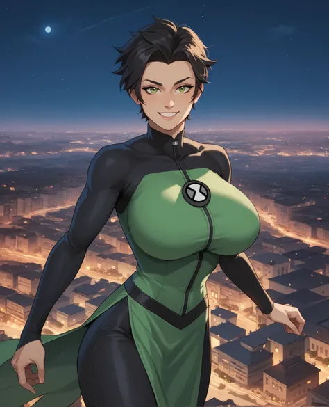 masterpiece、high quality、high quality de imagen、detailed face, detailed fingers, (masterpiece), ( perfect for everyone ),anisaxl,black hair, green eyes ,short hair, sexy smile,
green bodysuit, long sleeves,black pants,short pelvic curtain,curvilíneo,
Float...