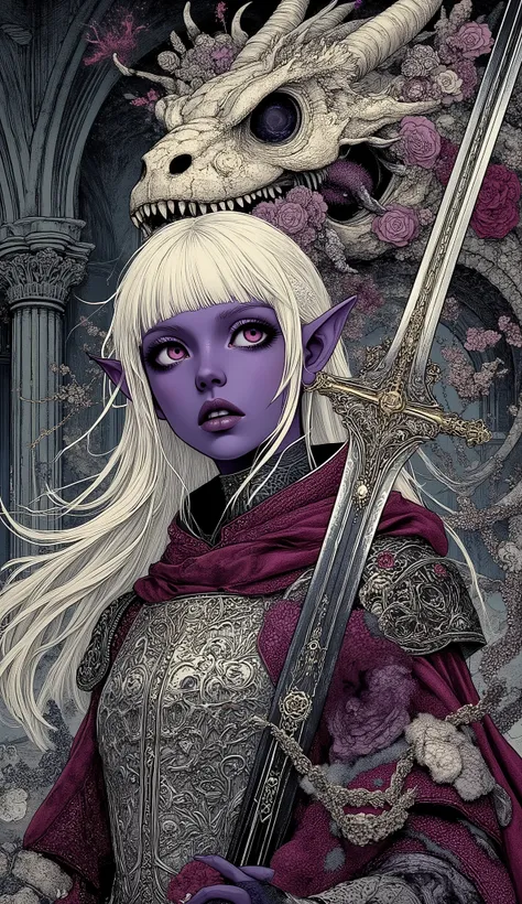 (A fusion of Ukiyo-e and dark fantasy. Aesthetic and gothic digital art. Draw a detailed face. Look away.) BREAK
(Transparent white hair. Blunt bangs. White eyebrows. Long white eyelashes. Almond-shaped eyes. Lavender-colored eyes. Thick, dark eyeliner. S...