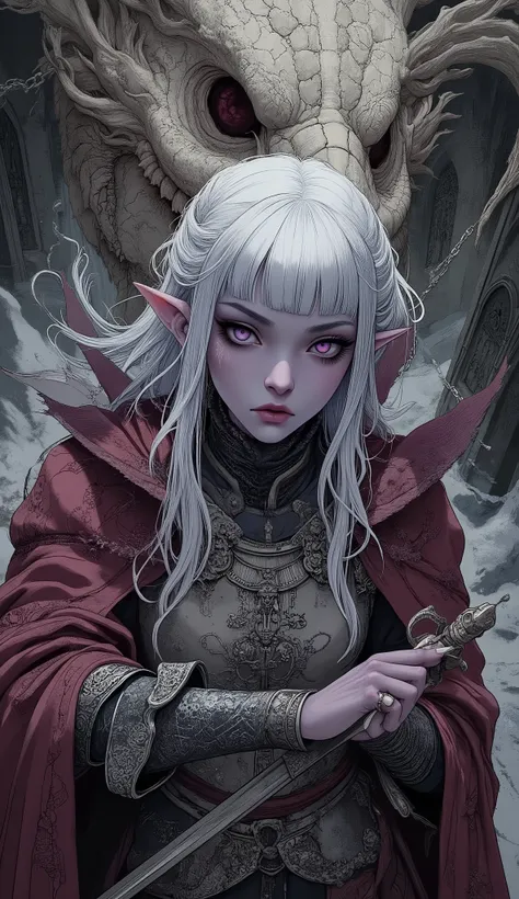 (A fusion of Ukiyo-e and dark fantasy. Aesthetic and gothic digital art. Draw a detailed face. Look away.) BREAK
(Transparent white hair. Blunt bangs. White eyebrows. Long white eyelashes. Almond-shaped eyes. Lavender-colored eyes. Thick, dark eyeliner. S...