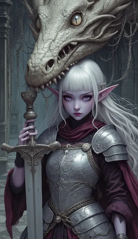 (A fusion of Ukiyo-e and dark fantasy. Aesthetic and gothic digital art. Draw a detailed face. Look away.) BREAK
(Transparent white hair. Blunt bangs. White eyebrows. Long white eyelashes. Almond-shaped eyes. Lavender-colored eyes. Thick, dark eyeliner. S...