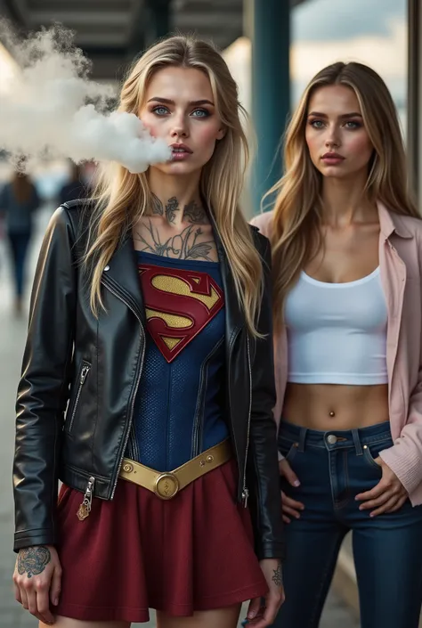 A sexy 20 year old blonde Supergirl stands waiting at a bus stop. She wears a leather biker jacket over the icon blue and red superhero costume, with the S logo on her chest. She has a bold tribal neck tattoo and tattoos on the backs of her hands. She purs...