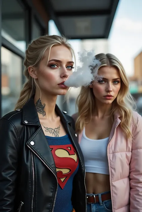 A sexy 20 year old blonde Supergirl stands waiting at a bus stop. She wears a leather biker jacket over the icon blue and red superhero costume, with the S logo on her chest. She has a bold tribal neck tattoo and tattoos on the backs of her hands. She purs...
