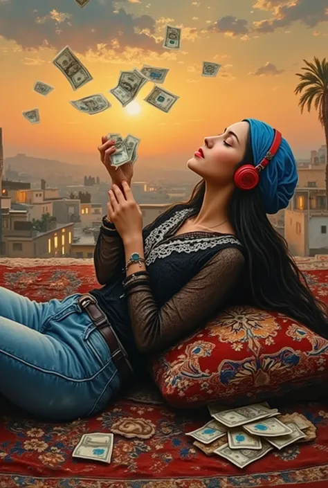 created a painting with oil painting with huge details , In the style of the artist Leonardo Davinci , In the era of the European renaissance ,  A fully detailed painting of an Arab woman lying on the roof of the house on an Arab carpet holding a collectio...
