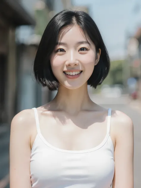 Beautiful 22-year-old Korean woman with bulky breasts, with short hair inverted bobcut style, cabelo preto liso, olhos cinzentos, wide white tanktop, rua ensolarada, close up facial extremo, Surprised smiley expression, suor corporal, looking at the specta...
