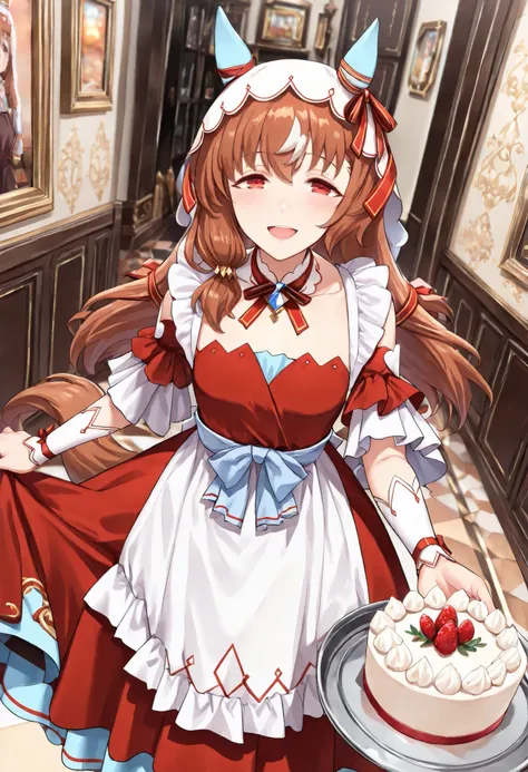 (masterpiece, best quality, perfect face:1.4), wide angle, Still in Love \(umamusume\), brown hair, red eyes, long hair, streaked hair, horse ears, ear cover, ear ornament, veil, red hair ribbon, small breasts, horse tail, tail on the lower back, proportio...