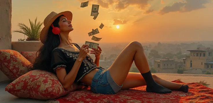 created a painting with oil painting with huge details , In the style of the artist Leonardo Davinci , In the era of the European renaissance ,  A fully detailed painting of an Arab woman lying on the roof of the house on an Arab carpet holding a collectio...