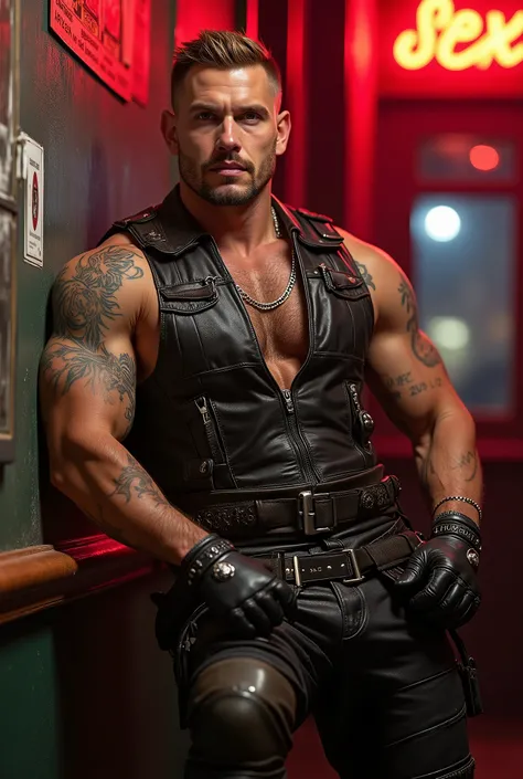 Realistic photo, Leather Macho Gay Hunk Man. 20 years old, white Muscular and dominant gay escort, Leather Sex God, pale skin, smug face expression, looking straight ahead, dark blond short hair, Wears a leather fetish harness, leather biker vest, short ta...