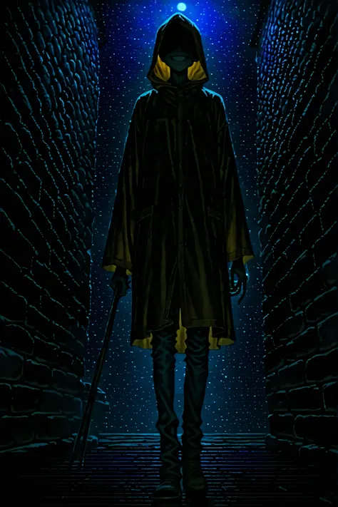 1monster, horror, eerie, humanoid, very tall, slender, no neck, bald, wide grin, large grin, no lips, no eyes, yellow raincoat, hood up, blue jeans, holding rake, one hand free, rusty rake, night, dark, dark alleyway, brick walls, blue moonlight, walking t...
