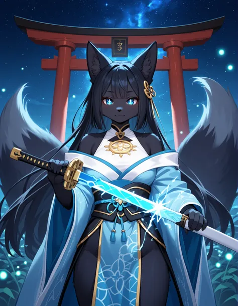 a cute kitsune furry, solo, serene and blessed expression, ethereal fabric, celestial patterns, shining blue fox eyes, holy sword, sparkling electricity, glowing fireflies, holding a holy sword up to her shoulder with her right paw, weapon, focus, sword, s...