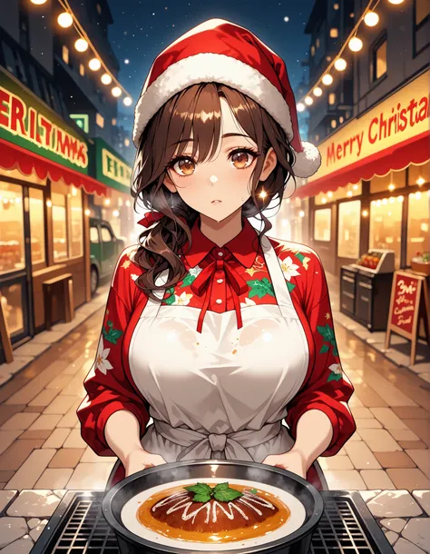 solo, {((female)), ((mature:9)), voluptuous curvy body, warm caramel skin glowing in holiday lights, large breasts accentuated by festive blouse, dark wavy hair tied up in a practical updo with loose curls, glowing warm ((brown eyes)), youthful sweet face,...