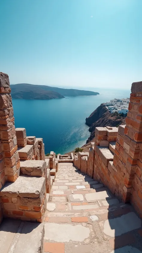 highdefinition images,Ancient ruins on Santorini、Panoramic view of the ancient Thira ruins、bricks and large stones lined up in an orderly manner to form a wall