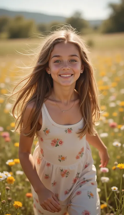 A playful girl with brown hair, smiling face, romantic and joyful mood, running freely in a field of colorful wildflowers, sunlight glowing through her hair, cinematic lighting, vibrant colours, highly detailed body, highly detailed facial features, detail...