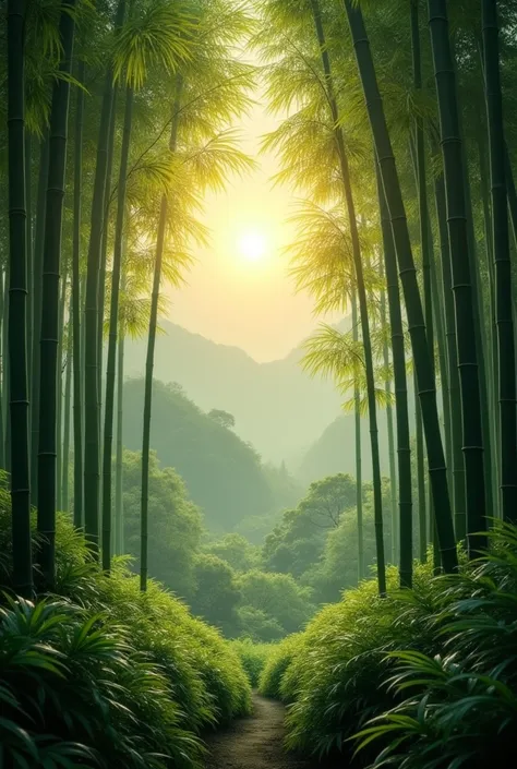 A misty bamboo forest in the mountains in the early morning,The green bamboo leaves are covered with crystal dew,The golden sun passes through the bamboo forest to form a beam of light,The floor is covered with thick bamboo leaves,Mountains loom in the dis...