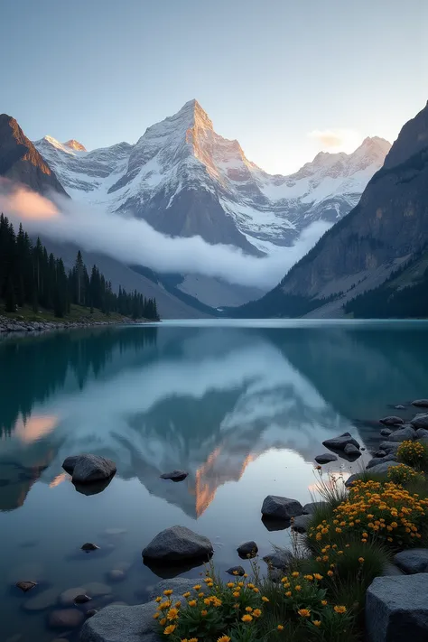 Ethereal mountain landscape at first light, massive snow-capped peaks reflecting alpenglow in a perfectly still alpine lake. Extraordinary dynamic range capturing both shadow detail and highlight texture, ultra-sharp 8K resolution. Low-hanging clouds creat...