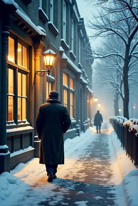 one old man, Wrapped in a long coat, Under soft snowfall,He walks slowly along the cobblestone street. As he passes windows that glow warmly from within,His breath condenses into mist in the cold air. The scene evokes nostalgia and loneliness, Blending ele...