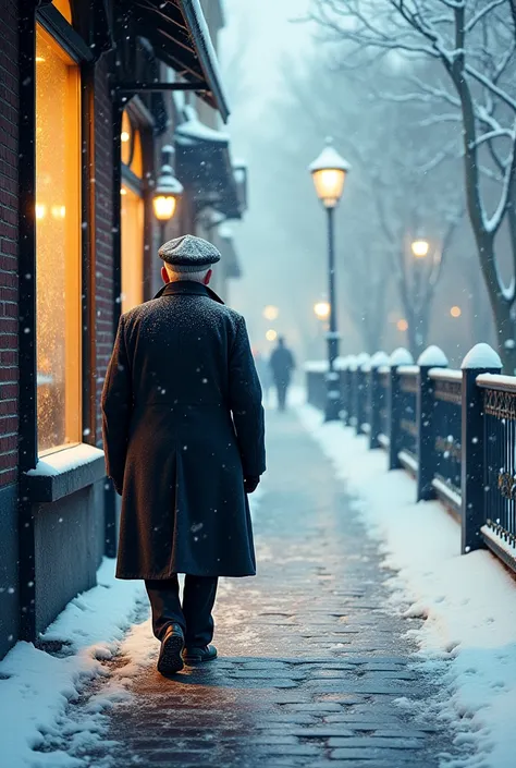 one old man, Wrapped in a long coat, Under soft snowfall,He walks slowly along the cobblestone street. As he passes windows that glow warmly from within,His breath condenses into mist in the cold air. The scene evokes nostalgia and loneliness, Blending ele...