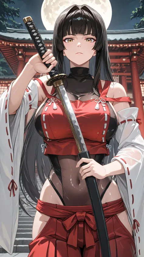 handfixer,Japanese background,SOLO,A mature Female,sendai hakurei no miko,red hakama, solo, leotard under clothes, black Fishnet leotard(See-through), japanese clothes, nontraditional miko, black hair, hakama pants, yellow eyes, large breasts, detached sle...