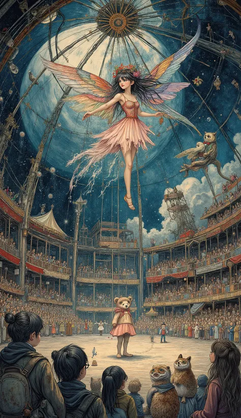 Wide view, spectacular view, magical night circus under a huge dome. In the center of the arena, an acrobat fairy with wings of iridescent silk and stained glass gracefully hovers in a leap on the thinnest web of moonlight woven between two flying swinging...