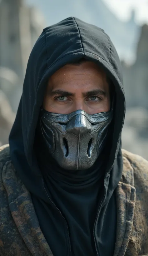 Jake Gyllenhaal close up Smoke de mortal kombat em traje cinza e preto, with silver metallic mask covering mouth and nose, olhos penetrantes. Your body is surrounded by dense smoke and particles shining like ash.
Fundo: ancient ruins amidst fog, cracked pi...