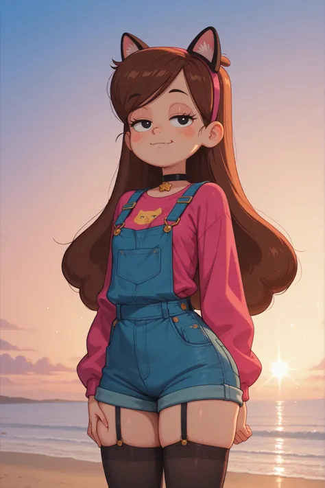 Mabel Pines, blush stickers, brown hair. black eyes. half-closed eyes, small breasts, huge hips. long eyelashes, choker. | score_9, score_8_up, score_7_up, anime_screencap, source_anime, (beautiful lighting, beautiful style), (vivid colors), explicit, 1080...