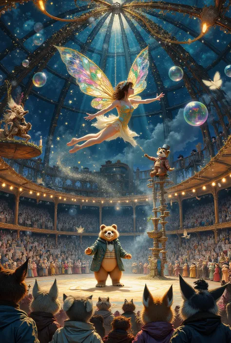 Wide view, spectacular view, magical night circus under a huge dome. In the center of the arena, an acrobat fairy with wings of iridescent silk and stained glass gracefully hovers in a leap on the thinnest web of moonlight woven between two flying swinging...