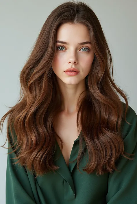 Girl Beautiful, Brown Hair, Long Hair, Cabelo Liso Ondulado wearing Green Long Sleeved Shirt