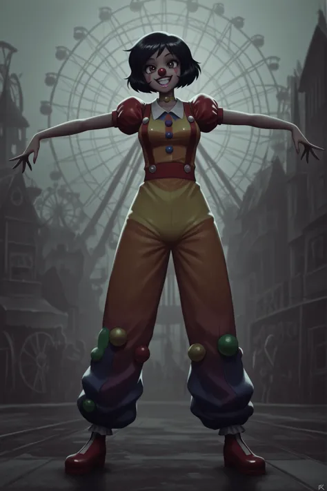 masterpiece, best quality, good quality, cartoon, totally_spies_2k24 alex, black hair, short hair, brown eyes, dark-skinned female, pink lips, medium breasts, choker. | masterpiece, , old amusement park, creepy clown, 1girl, female clown, evil, ferris whee...