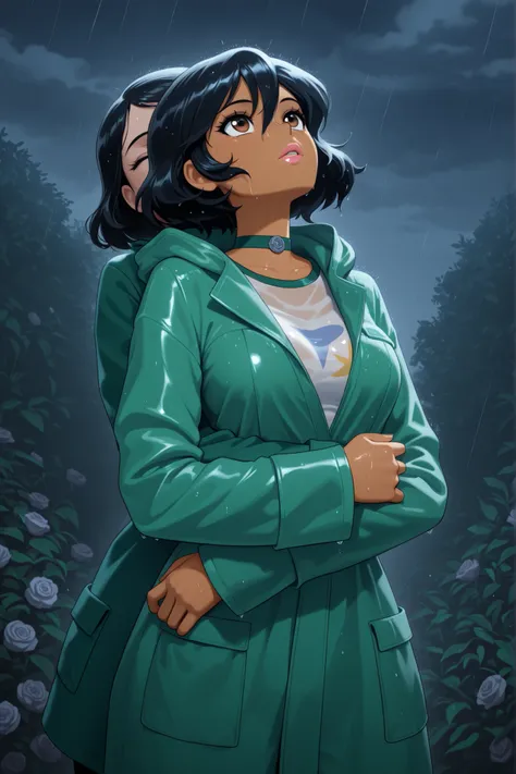 masterpiece, best quality, good quality, cartoon, totally_spies_2k24 alex, black hair, short hair, brown eyes, dark-skinned female, pink lips, medium breasts, choker. | masterpiece, best quality, highly detailed, garden, night, dark, rain,dark background, ...