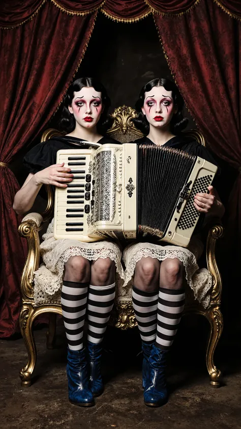 Two young adult women, Caucasian, seated in a gilded antique armchair, playing accordions. They share a single body and legs, appearing as a double-image, with identical facial features, expressions, and outfits. Each woman sports elaborate, doll-like ma...