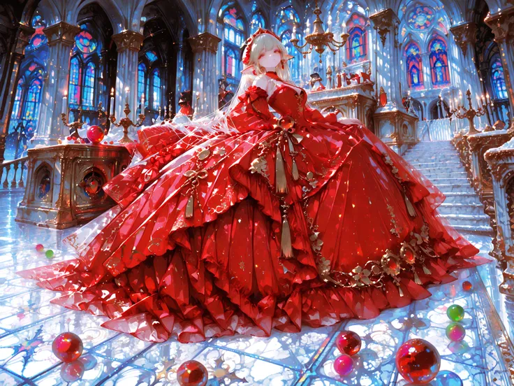Best Quality, masterpiece, 8K resolution, beautiful aristocrat elf woman, colorful red ball gown, Gold embroidery, gothic cathedral interior, stained glass window, marble column, chandelier, elegant pose, long staircase, old-fashioned atmosphere, Dramati...