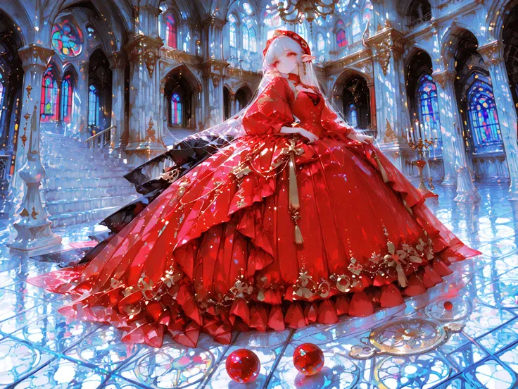 Best Quality, masterpiece, 8K resolution, beautiful aristocrat elf woman, colorful red ball gown, Gold embroidery, gothic cathedral interior, stained glass window, marble column, chandelier, elegant pose, long staircase, old-fashioned atmosphere, Dramati...