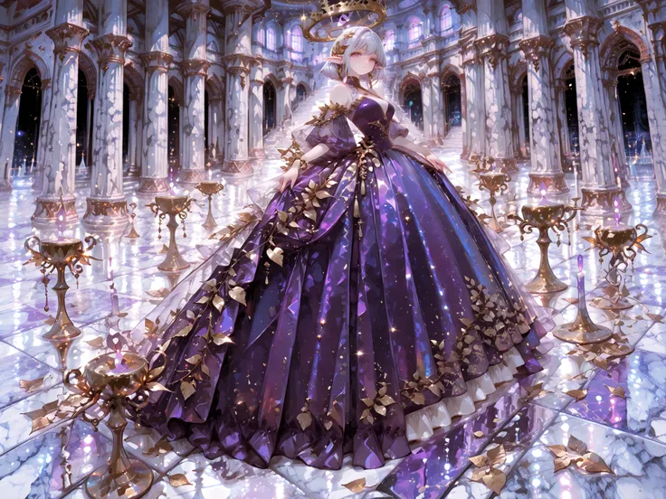 Superb Quality, detailed description, Perfect Resolution, Mysterious elf Woman, Purple Evening Dress, Ornate Jewelry, Castle Dance Hall, Huge Chandeliers, marble floor, gold leaf decoration, Magnificent Pillars, Elegant interior decoration, Fantastic Light...