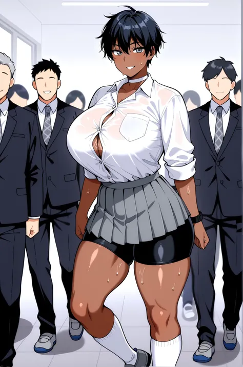 Highest Quality、Highest Image Quality、masterpiece、beautiful line art、animation、solo、womanhood1people, (black hair color)、very short hair、boyish hair、has bangs and is making a small scream、takamine ayako、 watch, (gray eyes)、(slightly darker brown skin)、Smil...