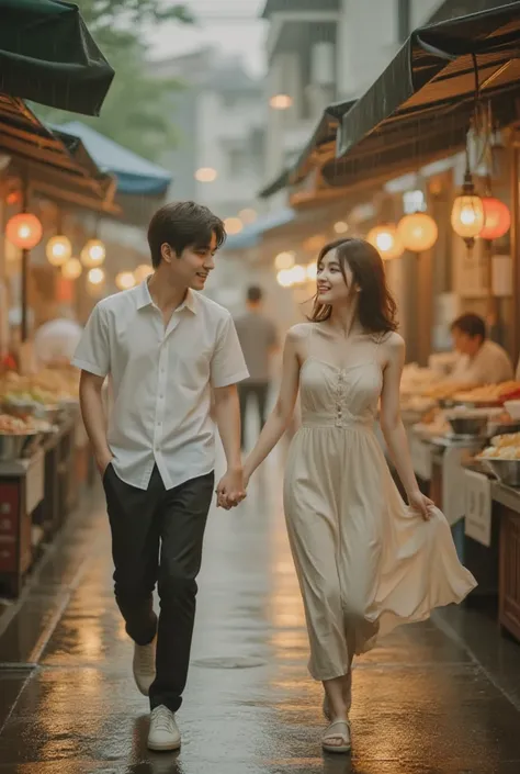 Handsome man, Beautiful Girl, คุณภาพสูง, ภาพถ่ายสตรีท, ความละเอียดคมชัด, couple running through market, man leading woman by hand through rain, woman's summer dress flowing, market lights and lanterns, street food stall covers, genuine laughter, rain splashing, vibrant market colors, authentic atmosphere,