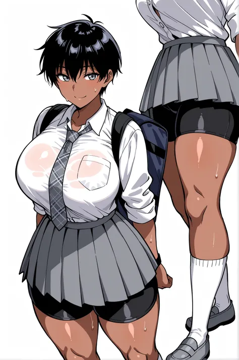 Highest Quality、Highest Image Quality、masterpiece、beautiful line art、animation、solo、womanhood1people, (黒い髪)、very short hair、boyish hair、has bangs and is making a small scream、takamine ayako、 watch, (gray eyes)、(dark brown skin:1.2)、Smile Yan、looking at thi...