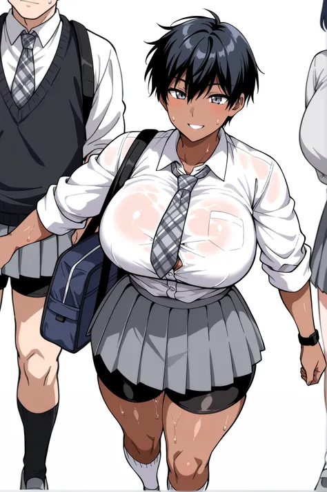 Highest Quality、Highest Image Quality、masterpiece、beautiful line art、animation、solo、womanhood1people, (黒い髪)、very short hair、boyish hair、has bangs and is making a small scream、takamine ayako、 watch, (gray eyes)、(dark brown skin)、Smile Yan、looking at this、(l...