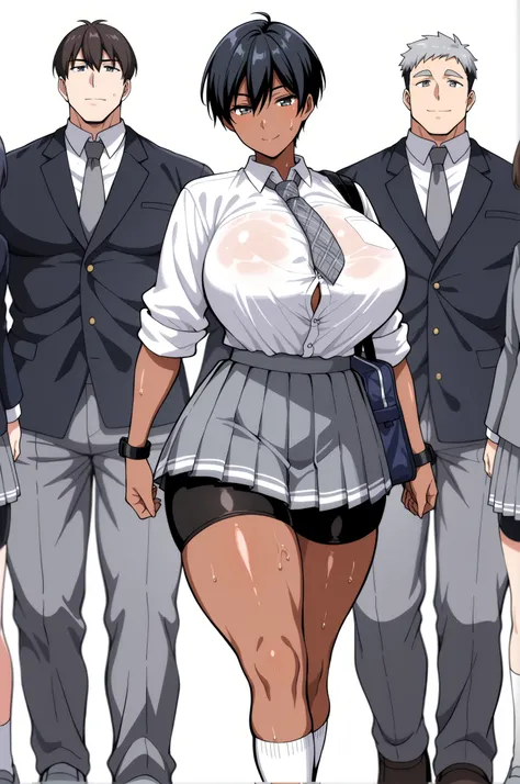 Highest Quality、Highest Image Quality、masterpiece、beautiful line art、animation、solo、womanhood1people, (黒い髪)、very short hair、boyish hair、has bangs and is making a small scream、takamine ayako、 watch, (gray eyes)、(dark brown skin)、Smile Yan、looking at this、(l...