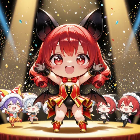 masterpiece、High Quality、anime style、(1 person)、dancing bat girl、black bat ears、bat wings on his back、red eyes、Red hair、curl hair、Whiplump thighs 、Clown costume、boots、3 heads tall、Huge Red and Gold Circus Tent, Spotlight Crossing, Sparkling Confetti, Audie...